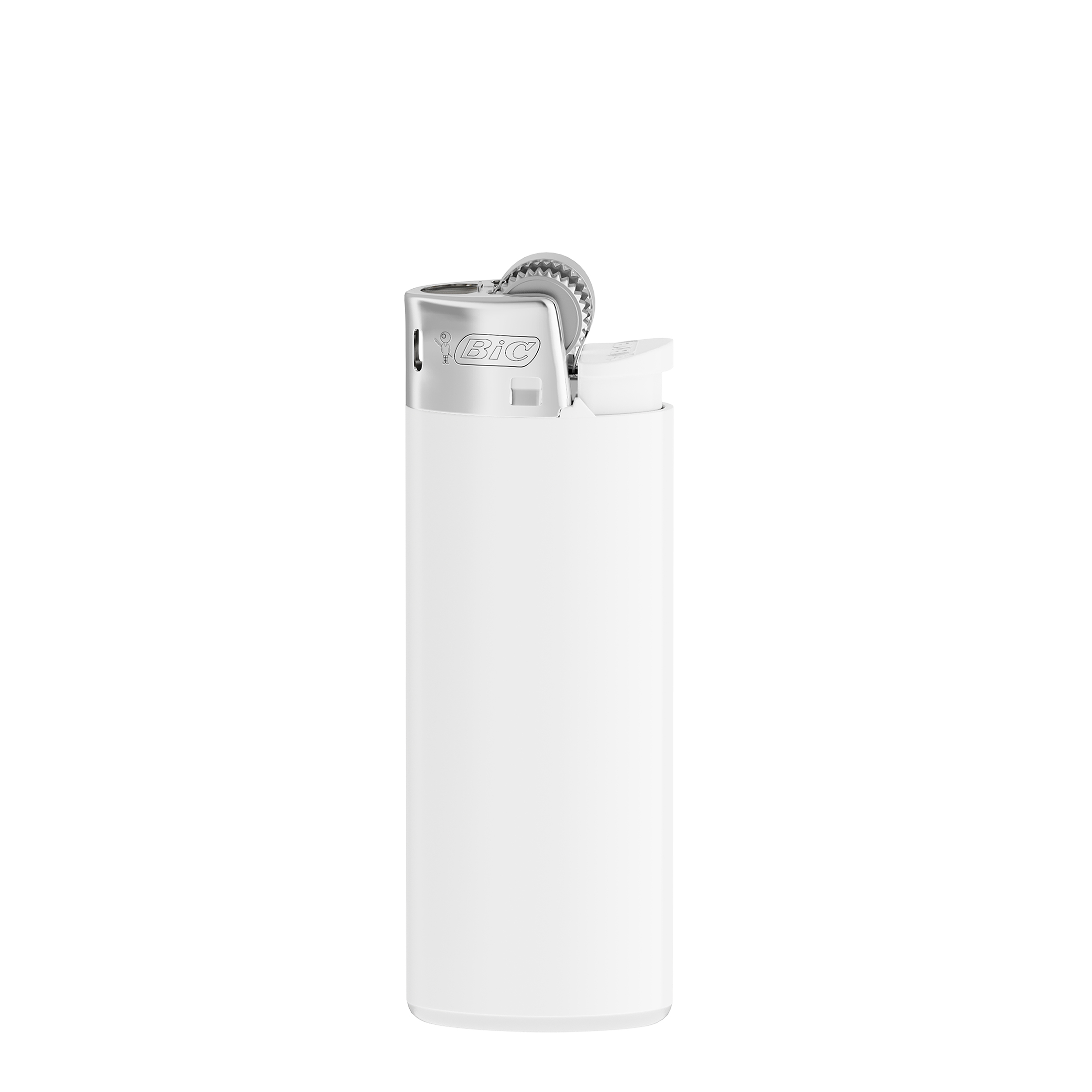 Briquet personnalisé BIC® J25 Standard Couleur Corps blanc opaque - Base blanche - poussoir Chrome capot